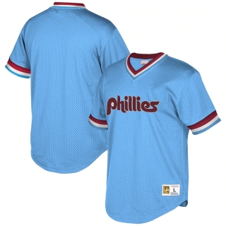 Men's Philadelphia Phillies Mitchell & Ness Light Blue Cooperstown Collection Mesh Wordmark V-Neck Jersey